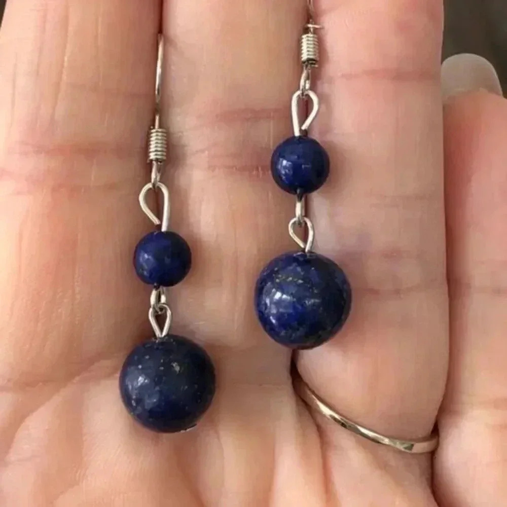 Lapis Lazuli Blue 10mm 6mm Double Bead Silver Drop Earrings Nwt 17$